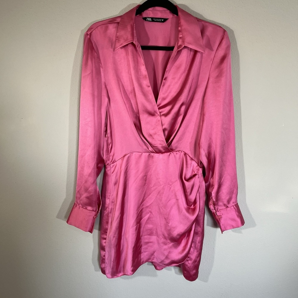Zara Barbie Pink Satin Mini Shirt Dress Ruched Faux Wrap Sz M Bachelorette Vegas